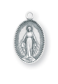 7/16" Miraculous Medal with an 13" Chain. Medal is all sterling silver with a genuine rhodium-plated, stainless steel chain. Deluxe velour gift box. Made in the USA