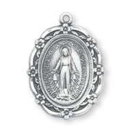 1 3/8" Miraculous Medal with an 18" Chain. Sterling silver Miraculous Medal comes with a 24" genuine rhodium plated endless curb chain. Dimensions: 1.1" x 0.8" (29mm x 21mm). Medal comes in a deluxe velour gift box.  Made in USA  