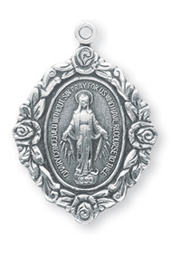 Sterling Silver Miraculous Medal.  The 1-1/4" Oval Medal with a Rose Border comes on an 18" genuine rhodium plated curb chain. Dimensions: 1.1" x 0.9" (27mm x 19mm).  Included is a deluxe velour gift box.  Made in the USA.

 