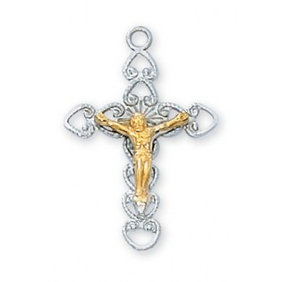 7/8" Sterling Silver Two Tone Crucifix. This Two Tone Sterling Silver Crucifix comes on an 18" Rhodium plated chain. The Crucifix comes in a deluxe gift box. 

