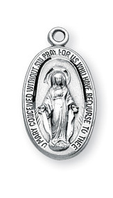 13/16" Miraculous Medal with an 18" Chain. Medal is .925 sterling silver with a genuine rhodium-plated, curb chain. Deluxe velour gift box is included. 