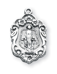 13/16" Miraculous Medal with a 18" Chain.  Medal comes on an 18" genuine rhodium-plated curb chain.  Dimensions: 0.8" x 0.5" (21mm x 13mm).  Weight of medal: 2.0 Grams.  A deluxe velour gift box is included.
