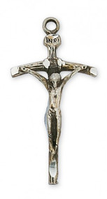 1 1/4" Papal Crucifix. Papal Crucifix is available in Sterling Silver or Gold over Sterling. The Papal Crucifix comes on an 18" Rhodium Plated Chain. A deluxe gift box is included. 

