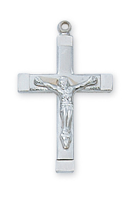 3/4"  Sterling Silver Crucifix comes on an 18" Rhodium Plated Chain. Silver Crucifix comes in a deluxe gift box. 

 