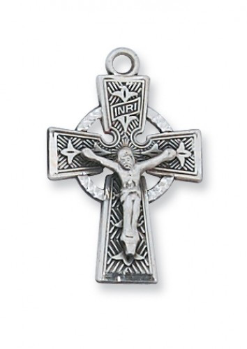 1 5/8" Sterling Silver Celtic Crucifix. Celtic Crucifix comes on an 18" Rhodium Plated Chain. A Deluxe Gift Box Included

