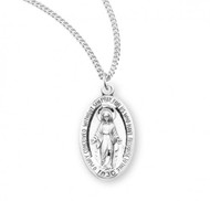 7/8" Miraculous Medal with an 18" Chain. Available in gold plated sterling silver and sterling silver. Sterling silver medal is all sterling silver with a genuine rhodium-plated, stainless steel chain. Gold plated medal is 14 karat Gold plated over all sterling silver chain, medal and clasp. Deluxe velour gift box included. 