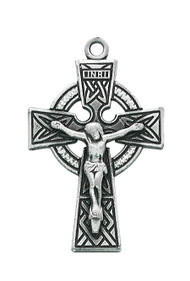 1 7/16"L Sterling Silver  Celtic Cross Crucifix. Celtic Cross Crucifix comes on a 24" Rhodium Plated Chain. A Deluxe Gift Box is Included. Made in the USA