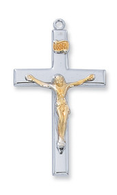 1 1/2" Sterling Silver Tu-Tone Crucifix Pendant. Deluxe Gift Box Included