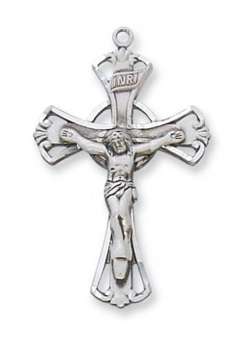 1 3/16" Sterling Silver or Gold over Sterling Silver Crucifix.  Crucifix comes on an 18" Rhodium Plated Chain. Deluxe Gift Box Included
