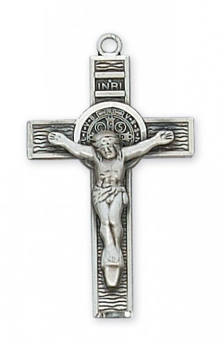 Sterling Silver Saint Benedict 1 1/2" x 3/4" Crucifix. 18" Rhodium Plated Chain. Deluxe Gift Box Included.