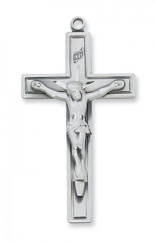 1 3/4" Sterling Silver Crucifix. Sterling silver crucifix comes on a 24" Rhodium Plated Chain. A Deluxe Gift Box is included