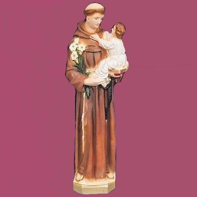 A Finely Detailed Statue of Saint Anthony Holding the Christ Child. Made of Vinyl this Statue is perfect for outdoor use. Available in Bronze, Wood, White, Color, Patina, & Granite

 