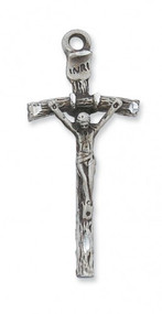 2" Sterling Silver Papal Crucifix. Sterling silver Papal crucifix comes on a 24" rhodium plated chain.  Deluxe Gift Box Included
