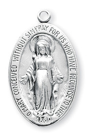 Sterling Silver Oval Sterling Silver Miraculous Medal comes with a 24" genuine rhodium plated endless curb chain.  Dimensions: 1.4" x 0.8" (35mm x 21mm). Weight of medal: 7.8 Grams. Deluxe velour gift box is included.  Made in the USA..