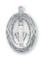 1 1/4" Miraculous Medal with an 18" Chain. Medal is all sterling silver with a genuine rhodium-plated, stainless steel chain