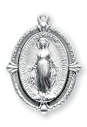 1 1/16" Miraculous Medal with a 24" Chain 
Medal is all sterling silver with a genuine rhodium-plated, stainless steel chain
Deluxe velour gift box