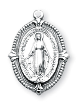 15/16" Miraculous Medal with an 18" Chain. Medal is all sterling silver with a genuine rhodium-plated, stainless steel chain. Comes in a deluxe velour gift box