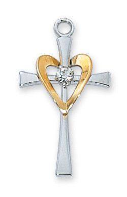 Sterling Silver Cross with  Gold  Heart & Crystal Stone. 18" rhodium Chain.  Deluxe Gift Box Included



