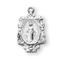 11/16" Miraculous Medal with an 18" Chain. Medal is sterling silver with a genuine rhodium-plated, stainless steel chain. Comes in a deluxe velour gift box