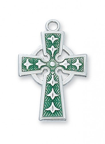 14/16"L Sterling Silver Green Enameled Celtic Cross Pendant. Celtic Cross Pendant comes on an 18" Rhodium Plated Chain. Deluxe Gift Box Included