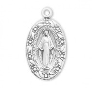 Solid .925 Sterling Silver Flowered Edge Miraculous Medal. This flowered edge miraculous medal comes with an 18" genuine rhodium-plated, stainless steel curb  chain. Dimensions: 0.9" x 0.6" (24mm x 14mm). Weight of medal: 2.6 Grams.  Deluxe velvet gift box included. Made in USA. 

 