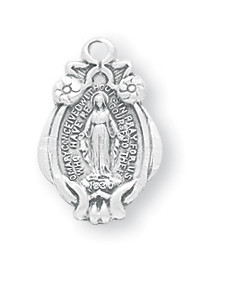 5/8" Miraculous Medal with a scrolled and flowered bordered comes with an 18" genuine rhodium plated chain. Dimensions: 0.7" x 0.4" (17mm x 11mm). Weight of medal: 1.2 Grams.  Deluxe velour gift box is included.  Made in the USA

 

 