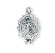 .925 Sterling Silver Miraculous Medal Pendant.  Miraculous Medal Pendant  comes on an 18" genuine rhodium plated curb chain. Dimensions: 0.9" x 0.6" (23mm x 14mm). Deluxe velour gift box. Made in USA.

 