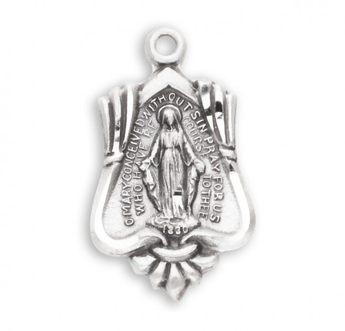 Sterling Silver Miraculous Medal Pendant. Sterling Silver Miraculous Medal comes on an 18" genuine rhodium-plated curb chain. Medal is .926 sterling silver.  Dimensions: 0.7" x 0.4" (18mm x 11mm). Pendant comes in a deluxe velour gift box and is made in the USA.

 