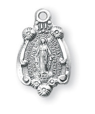3/4" Miraculous Medal with an 18" Chain.  Medal is sterling silver with genuine rhodium-plated, stainless steel chain. Deluxe velour gift box

 