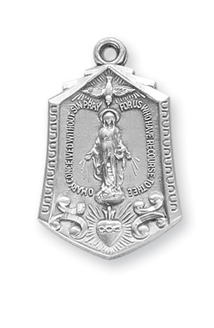 1" Miraculous Medal with an 18" genuine rhodium palted curb chain. Sterling silver medal is all sterling silver with a genuine rhodium-plated, stainless steel chain. Dimensions: 1.2" x 0.8" (30mm x 21mm) Comes in a deluxe velour gift box. Made in the USA