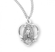 Miraculous Medal with an 18" Chain. Available in 16k gold over sterling silver and .925 sterling silver. Sterling silver medal is all sterling silver with a genuine rhodium-plated, stainless steel chain. Gold plated medal is 16 karat Gold plated over all sterling silver chain, medal and clasp. Comes is a deluxe velour gift box. Dimensions: 0.8" x 0.6" (20mm x 16mm). Made in the USA. 