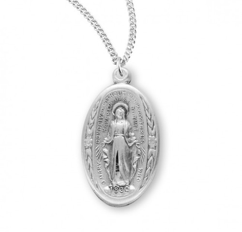 15/16" Miraculous Medal with an 18" Chain. Available in 16K gold plated sterling silver or sterling silver. Sterling silver medal is all .925 sterling silver with an 18" genuine rhodium-plated, stainless steel curb chain. Gold plated medal is 14 karat gold plated over sterling silver curb chain, medal and clasp. Comes in a deluxe velour gift box.