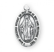 3/4" Miraculous Medal with a 16" Chain. Available in gold plated sterling silver and sterling silver. Sterling silver medal is all sterling silver with a genuine rhodium-plated, stainless steel chain. Gold plated medal is 14 karat Gold plated over all sterling silver chain, medal and clasp. Deluxe velour gift box. 