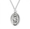 Oval Shaped Sterling Silver Miraculous Medal. Available in Gold plate over sterling silver. Sterling silver medal comes with a genuine rhodium-plated, 24" stainless steel chain. Gold plated medal is 14 karat Gold plated over all sterling silver 24" genuine gold plated endless curb chain. Dimensions: 1.1" x 0.7" (27mm x 17mm). Made in the USA. Weight of medal: 4.2 Grams.  Presents in a velour gift box