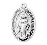 Oval Shaped Sterling Silver Miraculous Medal. Available in Gold plate over sterling silver. Sterling silver medal comes with a genuine rhodium-plated, 24" stainless steel chain. Gold plated medal is 14 karat Gold plated over all sterling silver 24" genuine gold plated endless curb chain. Dimensions: 1.1" x 0.7" (27mm x 17mm). Made in the USA. Weight of medal: 4.2 Grams.  Presents in a velour gift box