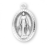 Miraculous Medal with ribbed edge on an 18" Chain. Available in gold plated sterling silver and sterling silver. Sterling silver medal is all sterling silver with a 18" genuine rhodium plated curb chain. Gold plated medal is 14 karat gold plated over all sterling silver chain, medal and clasp. Weight of medal: 3.6 Grams. Dimensions: 0.9" x 0.6" (23mm x 14mm). Includes a velour gift box