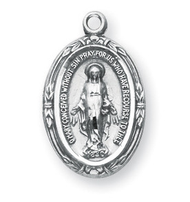 Sterling Silver Oval Miraculous Medal.  Sterling Silver Oval Miraculous Medal comes on an 18" genuine rhodium plated curb chain.  Available in 16k gold plated sterling silver and .925 sterling silver. Sterling silver medal is all sterling silver with a genuine rhodium-plated, stainless steel chain. Includes a velour gift box.  Made in USA.n

