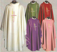 Special! Buy 4 and get 5th FREE~any color combination. Chasuble in Linea Style Fabric (95% pure wool, 5% gold thread). Available in five colors: Rose, White, Green, Red & Purple. These items are imported from Europe. Please supply your Institution’s Federal ID # as to avoid an import tax. Please allow 3-4 weeks for delivery if item is not in stock