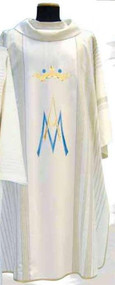 Marian Dalmatic-Marian Chasuble  in "Linea Style" fabric, 95% wool, 5% gold threads, with gold threads woven into the fabric. Includes inner stole. 51" long, 63" wide. These items are imported from Europe. Please supply your Institution’s Federal ID # as to avoid an import tax. Please allow 3-4 weeks for delivery if item is not in stock

 