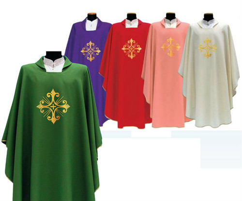 Chasuble in Primavera fabric (100% Polyester), with embroidery on the front and back, Square Collar and inside stole.
These items are imported from Europe. Please supply your Institution’s Federal ID # as to avoid an import tax. 
Please allow 3-4 weeks for delivery if item is not in stock