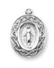 15/16" Miraculous Medal is is encircled with a Crown of Thorns.  Medal is sterling silver with genuine rhodium-plated, 18"stainless steel chain. Made in the USA. Deluxe gift box included. 