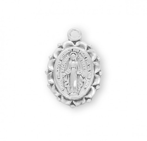 5/8" Sterling Silver Oval Miraculous Medal with Scalloped Border. Miraculous Medal is sterling silver with an 18" genuine rhodium plated curb chain. Dimensions: 0.7" x 0.5" (17mm x 12mm). A deluxe gift box included. Made in USA.