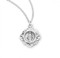 3/4" Round shaped double sided Miraculous Medal.  Miraculous Medal comes on an 18" genuine rhodium plated curb chain. Dimensions: 0.8" x 0.7" (20mm x 17mm.) Medal comes in a deluxe velour gift box. Made in the USA