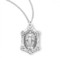 7/8" Solid .925 sterling silver Miraculous Medal. Miraculous Medal comes on an 18" genuine rhodium plated curb chain. Dimensions: 0.9" x 0.6" (23mm x 15mm). Medal presents in a deluxe velour gift box. Made in the USA.