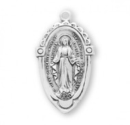 Fancy Edge Miraculous Medal. Fancy Edge Miraculous Medal comes on an 18" genuine rhodium plated curb chain.  Medal is .925 sterling silver. Medal presents in a deluxe velour gift box.  Dimensions: 1.0" x 0.6" (25mm x 14mm).  Weight of medal: 2.3 Grams.  Made in the USA. 