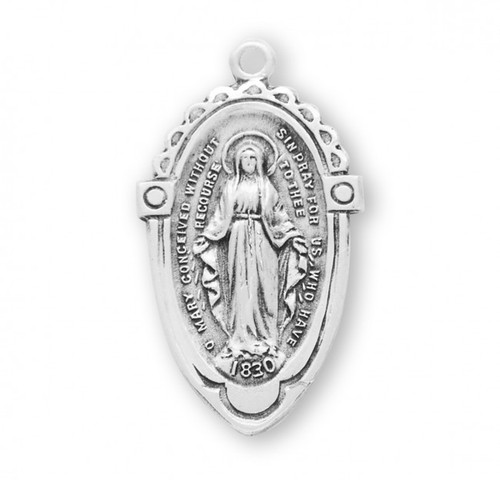 Fancy Edge Miraculous Medal. Fancy Edge Miraculous Medal comes on an 18" genuine rhodium plated curb chain.  Medal is .925 sterling silver. Medal presents in a deluxe velour gift box.  Dimensions: 1.0" x 0.6" (25mm x 14mm).  Weight of medal: 2.3 Grams.  Made in the USA. 