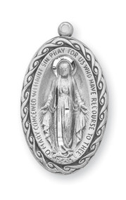 1 1/16" Oval Shaped Miraculous Medal. Miraculous Medal pendant comes on an 18" Chain. Medal is sterling silver with 18" genuine rhodium plated curb chain. Medal comes in a deluxe velour gift box. 
Dimensions: 1.1" x 0.6" (28mm x 16mm). Made in the USA

 