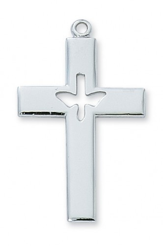 Sterling Silver Cross with Cut Out Holy Spirit. 1 5/16" Cross comes on a 24" Rhodium Plated Chain.  Deluxe Gift Box Included. Deluxe gift box included.