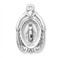 15/16" Oval shaped Miraculous Medal with an 18" genuine rhodium-plated, stainless steel curb chain. Comes in a deluxe velour gift box. Dimensions: 0.9" x 0.6" (24mm x 14mm). Made in USA.