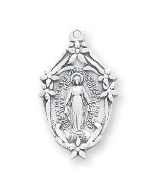 7/8" Miraculous Medal is sterling silver with genuine rhodium-plated, 18" stainless steel chain. Deluxe velour gift box is included.  